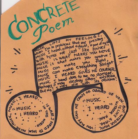 Concrete Poetry  | this is the actual concrete poem i made sorry it looks ugly but just ... Concrete Poem Ideas, Shape Poetry, Poem Ideas, Poetry Lesson, Musician Jokes, Concrete Poem, Concrete Poetry, Fantasy Music, Poetry Lessons