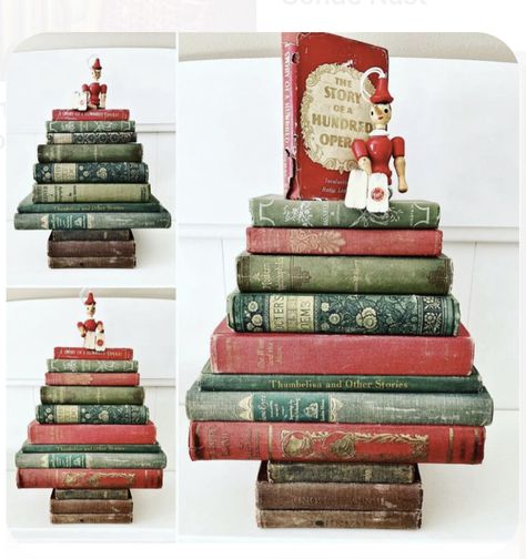 Antique Book Display Ideas, Vintage Book Christmas Tree, Christmas Trees From Books, Christmas Books Decor, Book Stacking Ideas Display, Christmas Tree From Books, Decorate Bookshelves For Christmas, Christmas Book Decor, Christmas Book Display