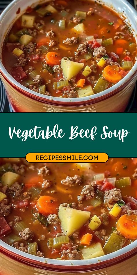 A comforting and hearty Vegetable Beef Soup featuring tender ground beef, mixed vegetables, and potatoes in a savory tomato broth. This easy-to-make soup is perfect for warming up on chilly days and packed with wholesome ingredients, making it a family favorite. Ideal for meal prep or a quick weeknight meal, this soup is both nourishing and satisfying. Broth Soup Recipes Vegetable, Tomato Vegetable Beef Soup, Easy Beef And Vegetable Soup, Vegetable And Meat Soup, Quick And Easy Vegetable Beef Soup, Hearty Beef Vegetable Soup, Simple Vegetable Beef Soup, Easy Comfort Soup, Hearty Vegetable Soup Crockpot