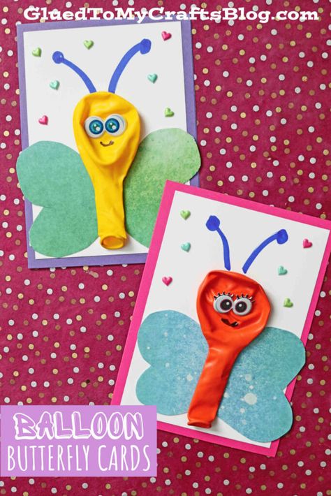 Balloon Butterfly Cards For Kids To Make & Gift This Spring Unique Kids Crafts, Cardstock Paper Crafts, Balloon Butterfly, Cards For Kids To Make, Balloon Elephant, Butterfly Balloons, Butterfly Birthday Cards, Balloon Crafts, Puppet Crafts