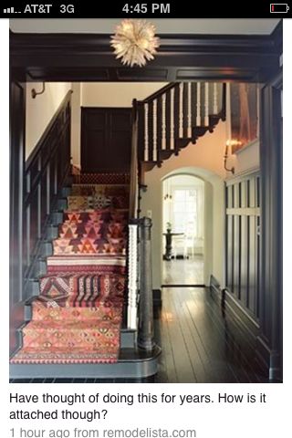 I definitely want to try this in my house Gray Stairs, Renovation Design, Stair Runner, Entry Way, Painted Floors, Style At Home, Boho Home, Wainscoting, Bohemian Home