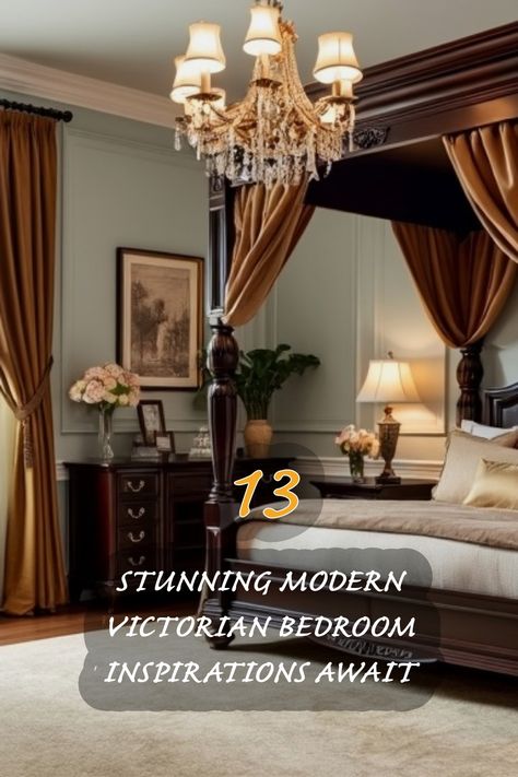 I absolutely love the exquisite blend of modern and Victorian styles in this bedroom! The luxurious dark wood furniture paired with elegant drapery and a stunning chandelier creates an inviting atmosphere. Adding fresh flowers and classic artwork enhances the overall charm. Get inspired by these stunning designs that embody both comfort and sophistication! Modern Victorian Bedroom Design, Victorian Decor Bedroom, Four Poster Bedroom Ideas, Victorian Bedroom Ideas, Modern Victorian Bedroom Ideas, Modern Victorian Bedroom, High Ceiling Bedroom, Four Poster Bedroom, Modern Victorian Decor