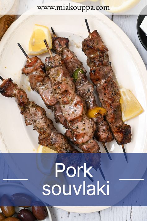 Discover the secret to cooking the perfect Pork Souvlaki that will leave your taste buds wanting more. Our easy-to-follow recipe guarantees a tender and juicy pork, cooked to perfection and topped with a delectable oil and lemon sauce that will elevate your cooking game! Pork Souvlaki, Greek Pork, Greek Marinated Chicken, Souvlaki Recipe, Greek Recipes Authentic, Greek Olives, Foreign Food, Stuffed Pork Tenderloin, Lemon Sauce