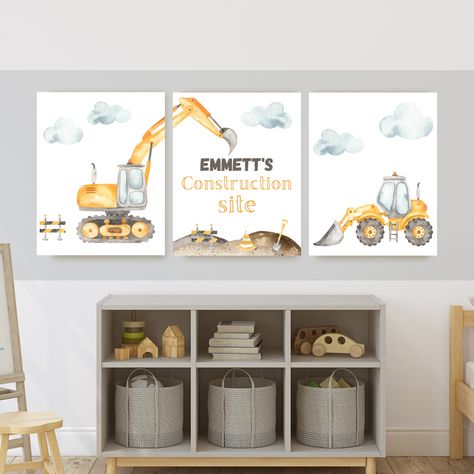 Construction site truck room decor, wall art, dump truck, excavator, 11x14, set of 3 prints included, name is customizable, printable Construction Vehicle Bedroom, Little Boy Truck Room, Excavator Bedroom Ideas, Toddler Boy Construction Room, Toddler Boy Construction Bedroom, Tonka Truck Nursery, Construction Theme Nursery, Truck Themed Boys Room, Excavator Nursery