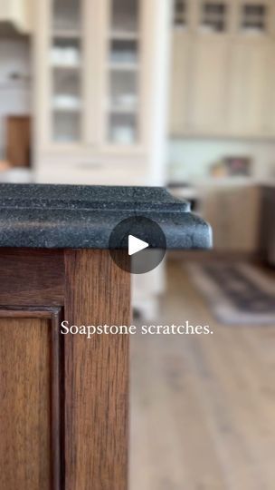 24K views · 2K reactions | It cost less, too. 🖤 I’ll tell you EXACTLY what we chose to mimic the look of soapstone while avoiding all of the problems that come with most soapstone countertops. 👇  HERE’S WHY:  When we were building our home, I knew I wanted a dark countertop paired with dark wood for our kitchen island, with lighter perimeter cabinets and countertops, and my heart was 100% set on beautiful SOAPSTONE.   But as I researched, saw photos online, read horror stories, and saw images of chipped, scratched, dented, discolored soapstone… my heart sank. I appreciate patina… but this seemed to go beyond that.   I understand there are some soapstones that hold up better than others, but still… I didn’t want to have to potentially worry or fuss over my countertops that much.  WHAT WE Light Soapstone Countertops, Soapstone Bar, Kitchens With Soapstone Countertops, Counter Top Options, Soapstone Island, Soapstone Kitchen Countertops, Soapstone Countertops Kitchen, Soapstone Kitchen, Walnut Island