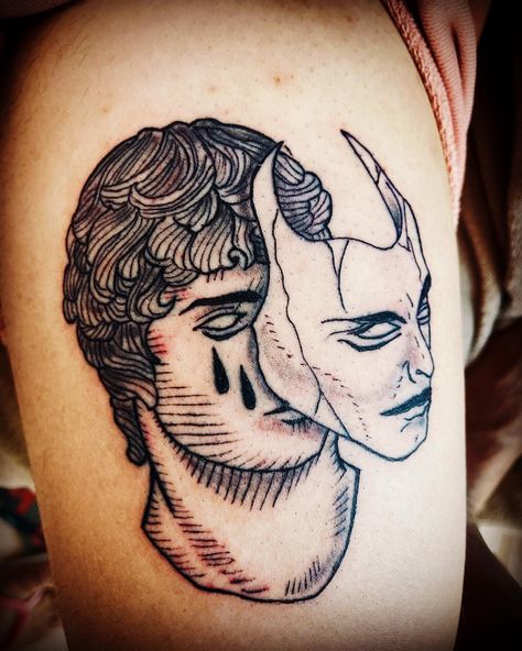 Play Mask Tattoo, Face With Mask Tattoo, Hiding Behind A Mask Tattoo, Double Mask Tattoo, Omni Mask Tattoo Design, Masking Tattoo, Hand Mask Tattoo, Poker Face Tattoo, Mask Hand Tattoo