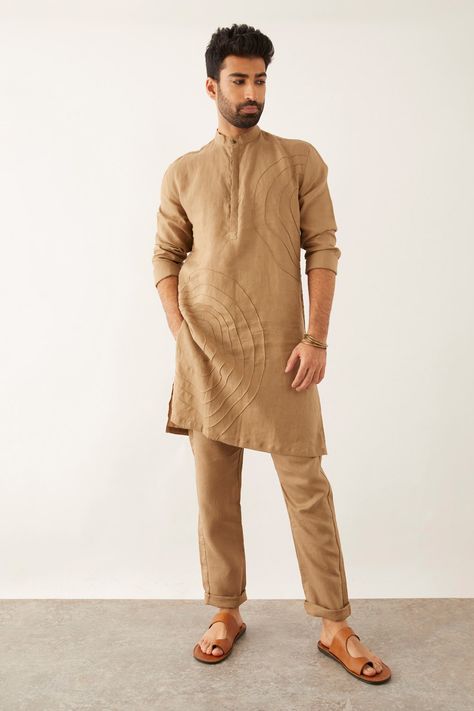 Shop for these amazing collections of Brown 100% Linen Pintuck Textured Fez Kurta For Men by Son of A Noble Snob online at Aza Fashions. Man Dress Design, Mens Traditional Wear, Boys Kurta Design, Kurta Pajama Men, Gents Kurta Design, Kurta For Men, Gents Kurta, Kurta Men, Pajama Pattern