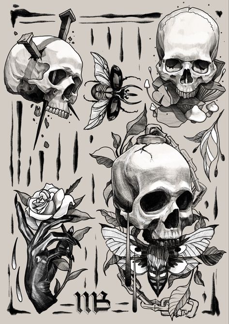 Tattoo flash sheet from @mattblack_tattoo #tattoo #art #artist #artistsoninstagram #flashtattoo #mattblacktattoo #blackstamp #skull #drawing #tattoodesign #sketch #moth #darkart #darkartist #skulltattoo #blackwork #illustration Skull Tattoo Filler, Blackwork Flash Sheet, Tattoo Flash Black And Grey, Blackwork Skull Tattoo, Skull Tattoo Stencils Outline, Skull And Mushrooms Tattoo, Skull Flash Art, Skull Flash Tattoo, Blackwork Rose Tattoo