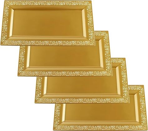 Amazon.com: Yumchikel-Decorative Plastic Serving Tray & Platter Set (4pk)-Gold & lace Rim Serving Trays & Platters for Food - Weddings, Upscale Parties, Dessert Table, Cupcake Display - 14"x7.5" inches : Home & Kitchen Disposable Serving Trays, Plastic Serving Trays, Serving Tray Set, Plastic Dinnerware, Cupcake Display, Platter Set, Party Trays, Dessert Tray, Party Platters