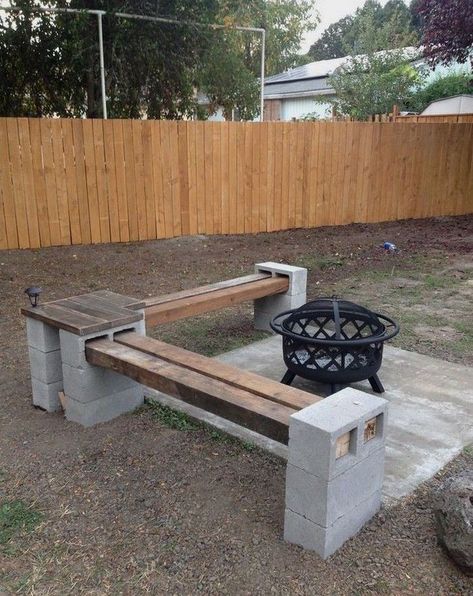 Garden Design Ideas On A Budget, Fire Pit Bench, Cinder Block Bench, Block Bench, Backyard Seating Area, Outdoor Fire Pit Designs, Cinder Blocks, Backyard Seating, Easy Backyard