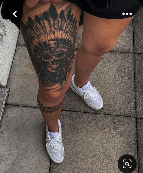 Men's Leg Tattoo Ideas, Manly Thigh Tattoos, Best Thigh Tattoos Men, Leg Pieces Tattoo, Guy Tattoos Thigh, Cowboy Leg Sleeve Tattoo, Men Upper Leg Tattoo, Cool Knee Tattoos For Men, Tattoos For Guys Leg Calf