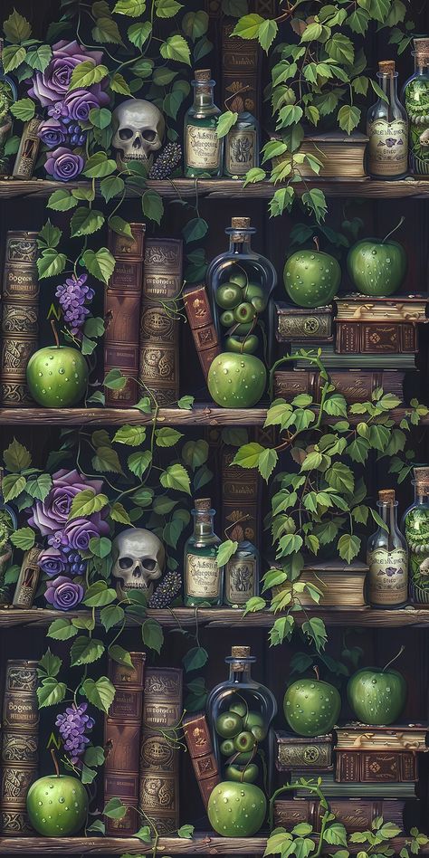 Witchy Iphone Wallpapers, Green Witch Wallpaper, Shelf Wallpaper Iphone, Dnd Aesthetic Wallpaper, Library Background, Witch Wallpaper, Mushroom Wallpaper, Halloween Wallpaper Cute, Scenic Wallpaper