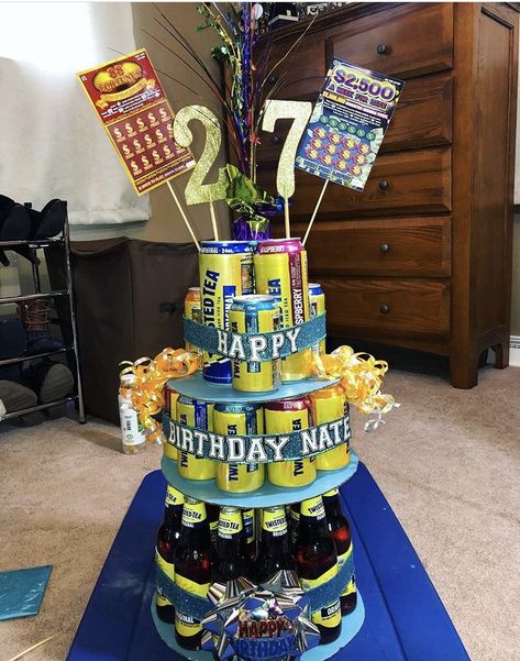 Twisted Tea Cake Tower, Twisted Tea Birthday, Twisted Tea Cake, Alcohol Tower 21st Birthday, Alcohol Cake Tower, Alcohol Tower, Tea Birthday Cake, Liquor Cakes, 21st Sign