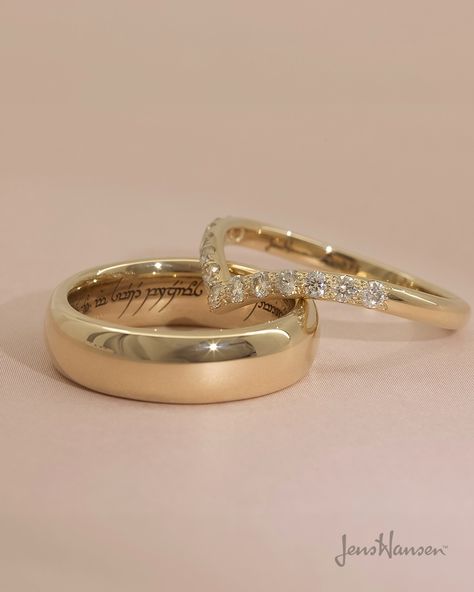 The perfect pair. Our Yellow Gold "Little One" Replica Ring with Elvish Engraving, and Yellow Gold Wishbone Shaped Band with pave set Diamonds. Wedding Band Gold, Wishbone Ring, Custom Ring, Gold Wedding Band, Pretty Food, Custom Rings, Wedding Rings Engagement, Perfect Pair, Little One