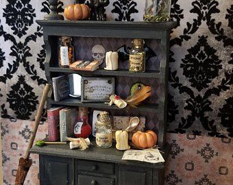 Bones And All, Dollhouse Cabinet, Halloween Diorama, Tiny Spiders, Miniature Witch, Halloween Furniture, Haunted Dollhouse, Creepy Things, Potion Bottles