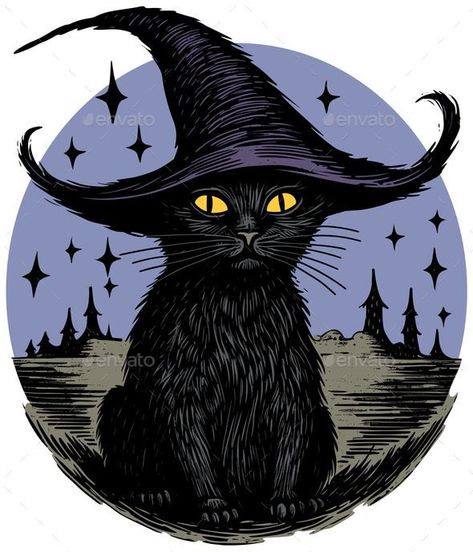 Black Cat with Witch Hat Colored Black Cat With Witch Hat, Cat With Witch Hat, Witch Illustration, Logo Presentation, Witches Hat, Witch Cat, Cat Black, Witch Hat, Cartoon Illustration