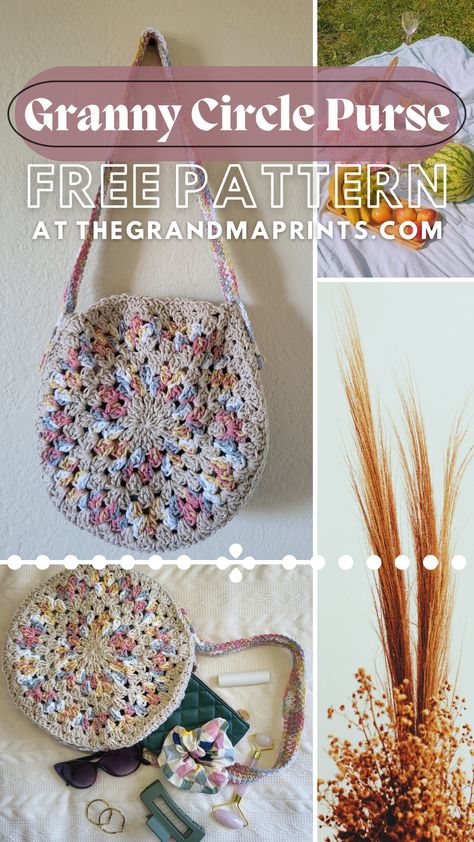 Check out this adorable free pattern at https://thegrandmaprints.com/ Make your own Granny Circle Purse with instructions on my blog! Crochet Circle Bag Pattern Free, Crochet Circle Purse, Granny Circle Crochet Pattern, Small Crochet Bags Free Patterns, Circle Granny Square, Granny Circle, Granny Square Handbag, Crochet Small Bag, Granny Square Purse