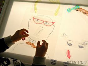 Adding a mouth to create funny faces on the light table from And Next Comes L Light Box Activities, Box Activities, Sensory Lights, Light Board, Sensory Table, Making Faces, Reggio Emilia, My Themes, Sensory Activities