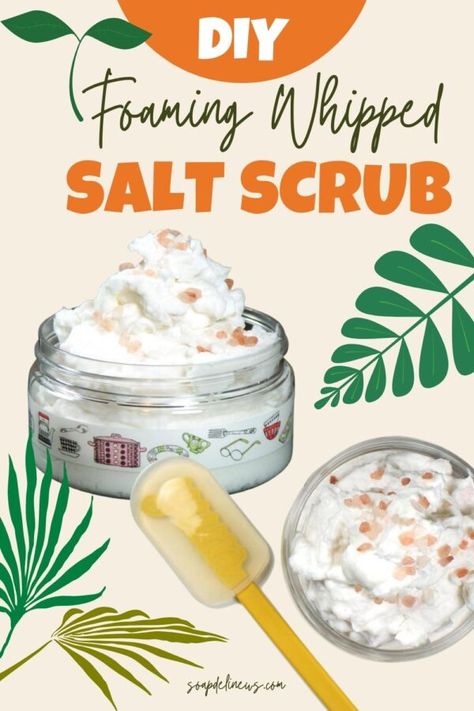 How to make whipped salt scrubs that foam and lather. Get glowing skin with this easy DIY whipped salt scrub. This foaming body scrub is a wonderful way to cleanse, exfoliate and moisturize skin with just a single product! Formulated for all skin types, this skin care recipe is made using a melt and pour soap base rather than a pre-existing foaming bath whip. So, it's an easy way to create customized skin care products at home with ingredients you may already have on hand. Whipped Scrub Diy, Foaming Bath Salts, Epsom Salt Body Scrub Diy, Foaming Body Scrub, Foaming Sugar Scrub Recipe, Epsom Salt Scrub Recipe, Foot Scrub Recipe, Scrub Recipe Diy, Salt Scrub Diy