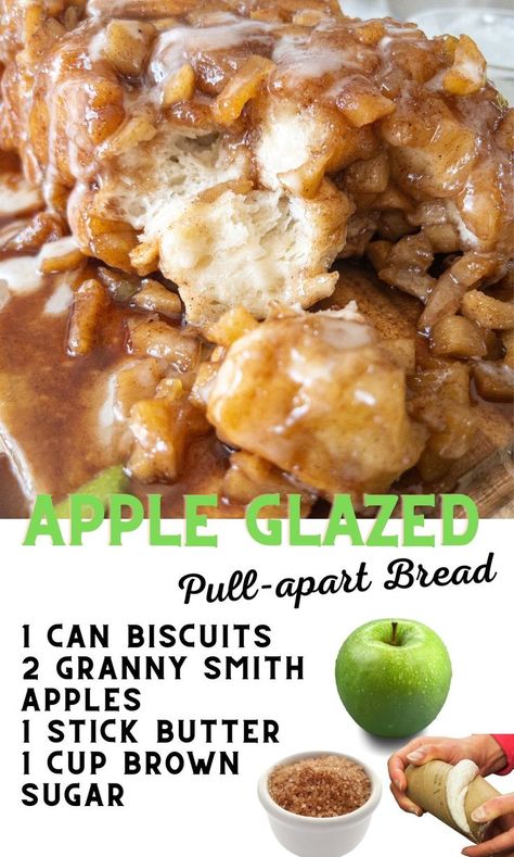 Apple Glazed Pull-Apart Bread is super simple to make, and a delicious dessert or breakfast. Biscuits, granny smith apples, and spices drizzled in a heavenly glaze. #biscuits #breakfast #dessert #easyrecipes #easydessert #brunchrecipes #kidfriendly Apple Biscuit Dessert, Apple Biscuits Recipes, Granny Smith Apples Recipes, Pillsbury Biscuit Recipes, Biscuit Dough Recipes, Biscuits Breakfast, Baked Apple Recipes, Apple Desserts Easy, Apple Glaze