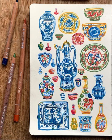 Chinese Porcelain ⭐️ Do you ever have the sudden urge, when you see something inspiring, that you need to draw there and then? Well this… | Instagram Asian Drawing Sketch, Porcelain Drawing, Old Bookstore, Chinese Drawing, Winchester College, Color Pencil Illustration, Travel Journal Scrapbook, Chinese Aesthetic, Start Drawing