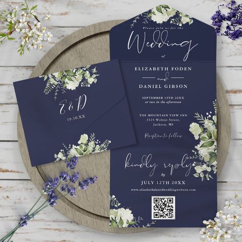 Navy Blue Greenery QR Code Monogram Wedding All In One Invitation Floral Wedding Inspiration, Navy Blue Wedding Invitations, Country Garden Weddings, Blue Wedding Inspiration, Navy Wedding Invitations, Garden Wedding Invitations, Elegant Typography, Personalised Wedding Invitations, Simple Budget