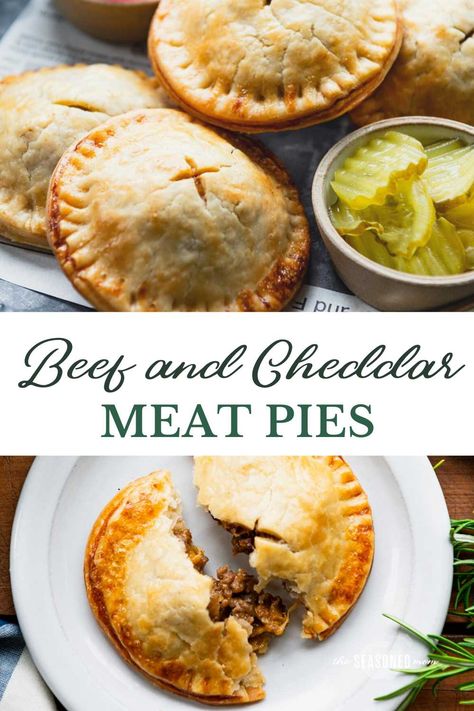 These easy meat pies include tender, buttery, flaky pastry dough wrapped around a flavorful ground beef, cheddar, and caramelized onion filling. Thanks to a couple of shortcuts, the convenient savory hand pies come together quickly and can be assembled in advance for busy weeknights! Individual Meat Pies, Easy Meat Pies, Meat Pies Ground Beef, Meat Hand Pie Recipe, Pie Crust Dinner, Beef Hand Pies, Fry Pies, Savory Hand Pies Recipes, Easy Hand Pies