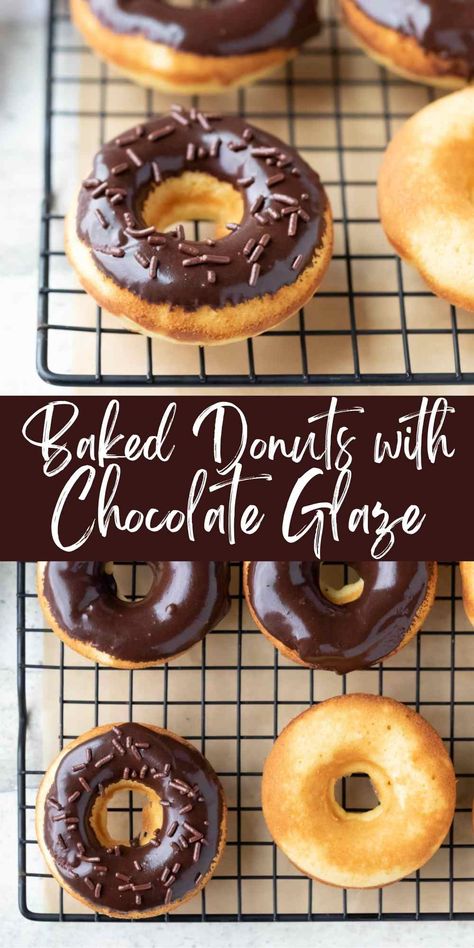 Baked donuts with chocolate glaze are light vanilla donuts topped with a rich chocolate glaze. These easy baked donuts are can be made from scratch in about 20 minutes! Mini Chocolate Covered Donut Recipe, Homemade Chocolate Glazed Donuts Recipe, Chocolate For Donuts Recipe, Mini Chocolate Donut Recipe, Easy Chocolate Glaze For Donuts Recipe, Donut With Chocolate Glaze, Chocolate Frosted Donuts Recipe, Homemade Glazed Donuts Recipe Easy, Homemade Cake Donuts Recipe Baked