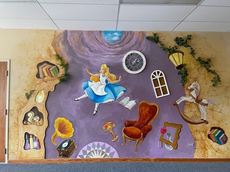 Aini art studio Alice In Wonderland Wall Mural, Alice In Wonderland Mural, Disney Wall Murals, Kids Murals, Wonderland Nursery, Disney Mural, Retro Tile, Room Murals, Alice In Wonderland Room