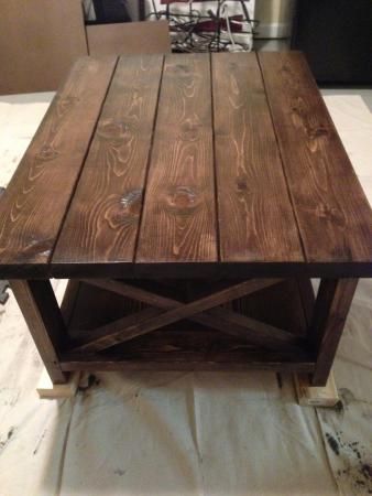 Rustic X Coffee Table | Rustoleum Kona Stain Kona Stain, Center Table Living Room, Coffee Table Plans, Staining Furniture, Bookshelf Plans, Homemade Ideas, Stained Table, X Coffee Table, Desk Plans