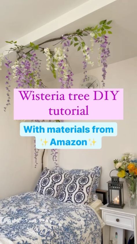 2000_kid_m on Instagram: Wisteria tree tutorial!! Pls excuse my imperfect English😂 Materials: - Artificial wisteria flowers - An artificial bendable vine - some… Wisteria Tree Decor, Wisteria Vine Ideas, Diy Wisteria, Diy Wisteria Flowers, Wisteria Decorations, Wisteria Flower Diy, How To Hang Wisteria From Ceiling, Paper Wisteria, Wisteria Flowers