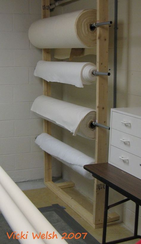 Great idea for batting storage (or pattern-making paper, or fabric on rolls e.g. Calico/heavy wt. Muslin for test garments) Rolled Fabric Storage, Fabric Roll Stand, Fabric Bolt Storage Ideas, Fabric Roll Storage Ideas, Quilting Organization Ideas, Batting Storage Ideas, Longarm Quilting Studio Sewing Rooms, Quilt Batting Roll Storage, Batting Storage