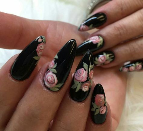 Black with Flowers Black Flower Design Nails, Nails Black With Flowers, Black With Flowers Nails, Black Nails With Roses, Black Flowers Nails, Black Nails With Flowers, Black Flower Nails, Roses Nails, Retro Nails