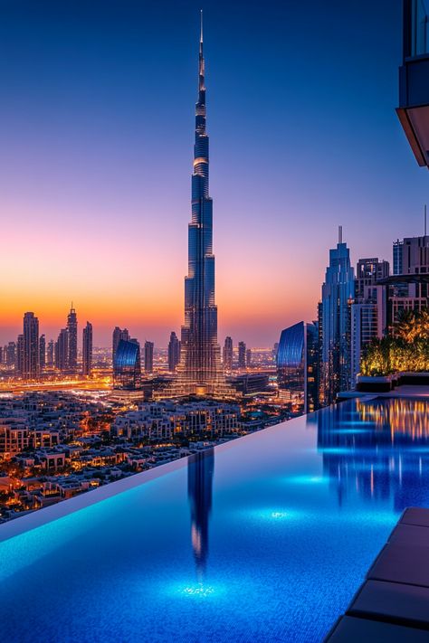 A luxury hotel room balcony with a panoramic view of the Burj Khalifa towering over the Dubai skyline. Vision Board Dubai, Dubai Travel Aesthetic, Travel Aesthetic Dubai, Pictures Of Dubai, Travel Wallpaper Aesthetic, Create Wallpaper, Dubai Buildings, Aesthetic Dubai, Dubai Burj Khalifa