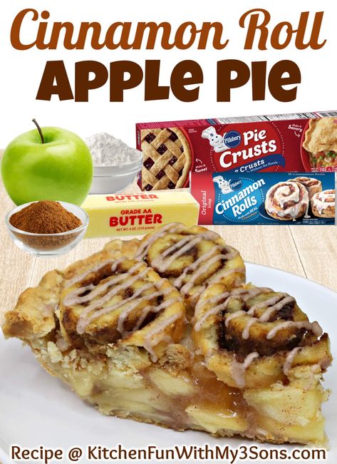 This amazing Cinnamon Roll Apple Pie is absolutely the perfect Fall dessert and so easy to make. The cinnamon roll topping takes traditional apple pie to a whole new level! Cinnamon Roll Topping, Cinnamon Roll Apple Pie Recipe, Frosted Cinnamon Rolls, Pillsbury Cinnamon Roll Recipes, Granny Smith Apple Pie, Cinnamon Roll Crust, Julia Pacheco, Cinnamon Roll Apple Pie, Traditional Apple Pie