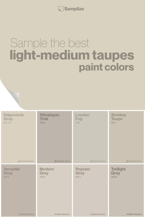 Sample the best light-medium taupe paint colors with Samplize! Explore and experience a curated selection of exquisite shades designed to elevate your space effortlessly. Medium Taupe Paint Colors, Smoky Taupe Paint Color, Light Taupe Walls, Dark Taupe Paint Colors, Light Taupe Paint Color, Warm Taupe Paint Colors, Swiss Coffee Paint, Taupe Paint Colors, Condo Renovation