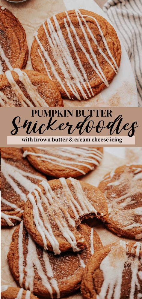 Soft and chewy pumpkin butter snickerdoodle cookies drizzled with cream cheese icing. Soft Snickerdoodle Cookies, Pumpkin Snickerdoodles, Snickerdoodle Recipe, Snickerdoodle Cookies, Cream Cheese Glaze, Pumpkin Cream Cheeses, Unique Cookies, Cream Cheese Cookies, Pumpkin Butter