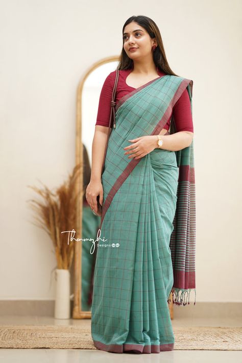 Casual Saree Look For Office, Linen Cotton Sarees, Marathi Culture, Formal Saree, Cotton Saree Blouse Designs, Saree Wearing Styles, Cotton Saree Blouse, Checks Saree, Simple Saree Designs