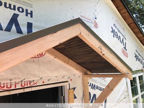 how to build a portico - 33 - attach edge drip flashing to the gable ends Small Porch Overhang, Roof Over Door, Diy Portico, Garage Portico, Gable Roof Porch, Craftsman Cabin, Portico Entry, Porch Overhang, Awning Over Door