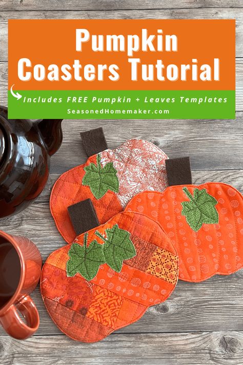 Learn How to Sew Quilted Pumpkin Coasters. These are charming and easy to make plus they also make a great mug rug! Acorn Template, Straight Stitch Quilting, Fall Sewing Projects, Fall Quilt Patterns, Fall Acorns, Quilted Coasters, Pumpkin Template, Mug Rug Patterns, Fall Sewing