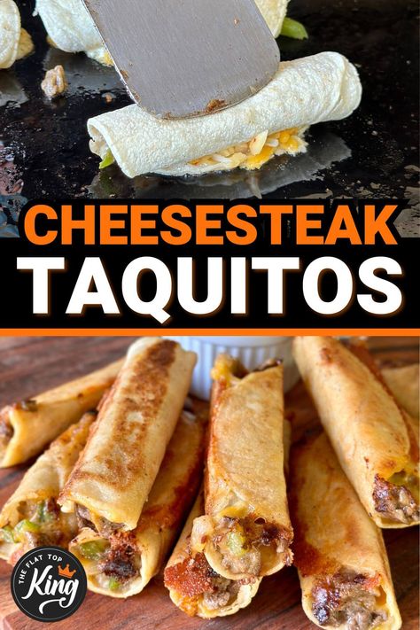 Looking for some new Blackstone griddle appetizer recipes?  Make these cheesesteak taquitos for football party food or other appetizers on the griddle!  With tender ribeye steak, shredded cheese, diced peppers and onions, and crispy corn tortillas, these steak and cheese taquitos will be a hit! Steak Taquitos Recipes, Blackstone Football Food, Blackstone Tailgating Recipes, Blackstone Appetizer Recipes, Blackstone Appetizers, Tender Ribeye Steak, Blackstone Meals, Cheese Taquitos, Steak And Cheese