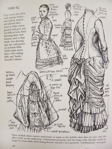 1880- 1882: Victorian fashion plate, illustration from (unknown) book. Grey cotton day dress with cuirasse bodice and ruched, draped and pleated skirt, sewn to white cotton ground with grey and red frills at hem. Tie back skirts.: 1880s Fashion, Patron Vintage, 1800s Fashion, Victorian Costume, Fashion Book, History Fashion, 19th Century Fashion, Victorian Steampunk, Century Clothing