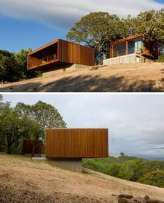 The weathering steel on the exterior of these two house structures that make up a single home that will continue to age and weather over time, gradually blending in more with the landscape. Modern Shipping Container Homes, Slope House, Weathering Steel, Container Homes, Modern Architecture House, Metal Building Homes, California Photography, Shipping Container Homes, Steel Buildings