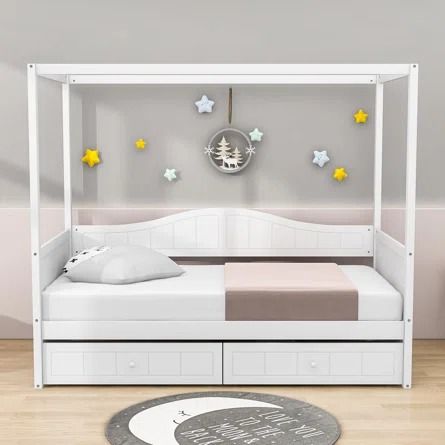 Red Barrel Studio® Karalin Twin 2 Drawers Wood Canopy DayBed | Wayfair Daybed White, Storing Bedding, Daybed Canopy, Wood Canopy, Twin Daybed, Studio Color, Canopy Design, Comfortable Place, Day Bed