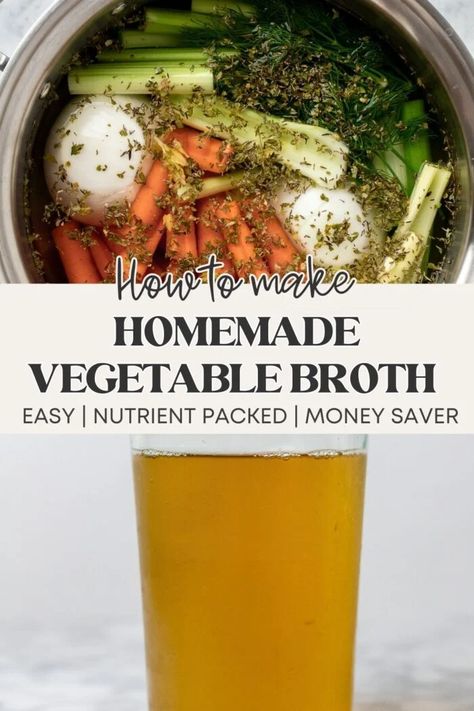 This simple and quick-to-make basic vegetable broth recipe is the key to the most delicious, flavorful and nutrient dense soups, stews, sauces, and more! The broth is easy to make with leftover, frozen, or fresh veggies and herbs, and you can easily prep a big batch to freeze into vegetable broth cubes for later use! Vegetable Broth Recipe, Recipes With Vegetable Broth, Vegan Recipes For Kids, Banana Diaries, Homemade Vegetable Broth, Quick Vegan Recipes, Protein Vegan Recipes, Recipes High Protein, Veggie Broth