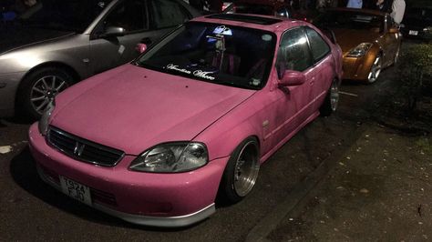 #civic #jdm #pink #japan #airride #car #carmeet #uk #low #jap #honda #coupe Pink Civic, Honda Civic Pink Aesthetic, Pink Honda Civic, Honda Civic Pink Interior, 2000s Honda Civic, Old Honda Civic Aesthetic, 2000 Honda Civic Ex Coupe, Honda Sedan, Honda Civic Hatchback 1995