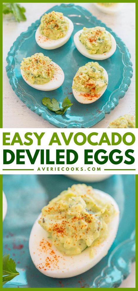 Avocado Deviled Eggs, simple appetizers, party food Healthy Deviled Eggs Recipe, Avocado Deviled Eggs Recipe, Easter Appetizer, Devil Eggs, Deviled Egg Recipe, Deviled Eggs Recipe Easy, Avocado Deviled Eggs, Healthy Snacks To Make, Best Deviled Eggs