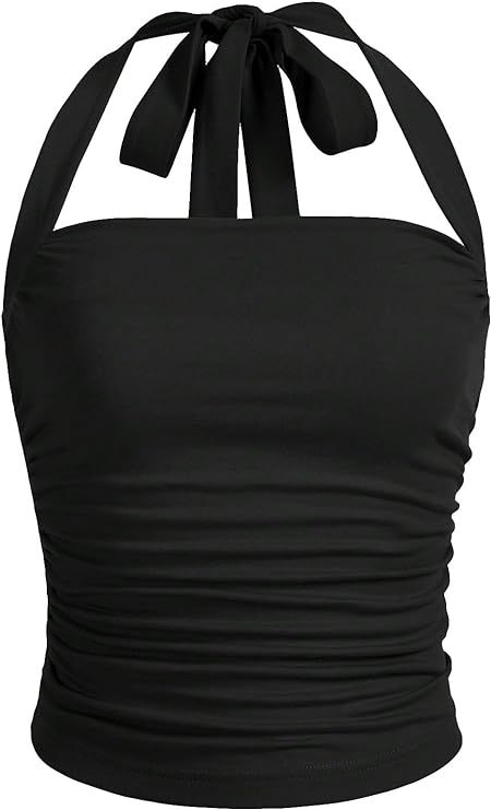 SOLY HUX Women's Ruched Halter Y2K Crop Tops Tie Back Sleeveless Slim Fit Cami Tops Plain Black M at Amazon Women’s Clothing store Halter Cami Top, Y2k Crop Top, Short Tank Top, Womens Halter Tops, Slim Fit Top, Halter Tops, Halter Neck Top, Shorts Pants, Top For Women