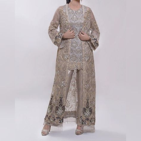 Latest Pakistani Dress Designs 2020, Kebaya With Pants, Net Dresses Pakistani Style, New Party Wear Dress, Net Dresses, Eastern Wear, Dresses Pakistani, Organza Jacket, Pakistani Party Wear Dresses