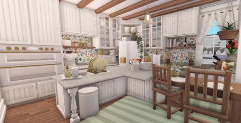 Bloxburg Kitchen Ideas Cottage Core, Cottage Kitchen Bloxburg, Bloxburg Kitchen No Advanced Placing, 4x4 Kitchen Bloxburg, Bloxburg Cottage Kitchen, Bloxburg Outdoor Kitchen, Bloxburg Sitting Area, Cottage Core Living Room, Bloxburg Cottage